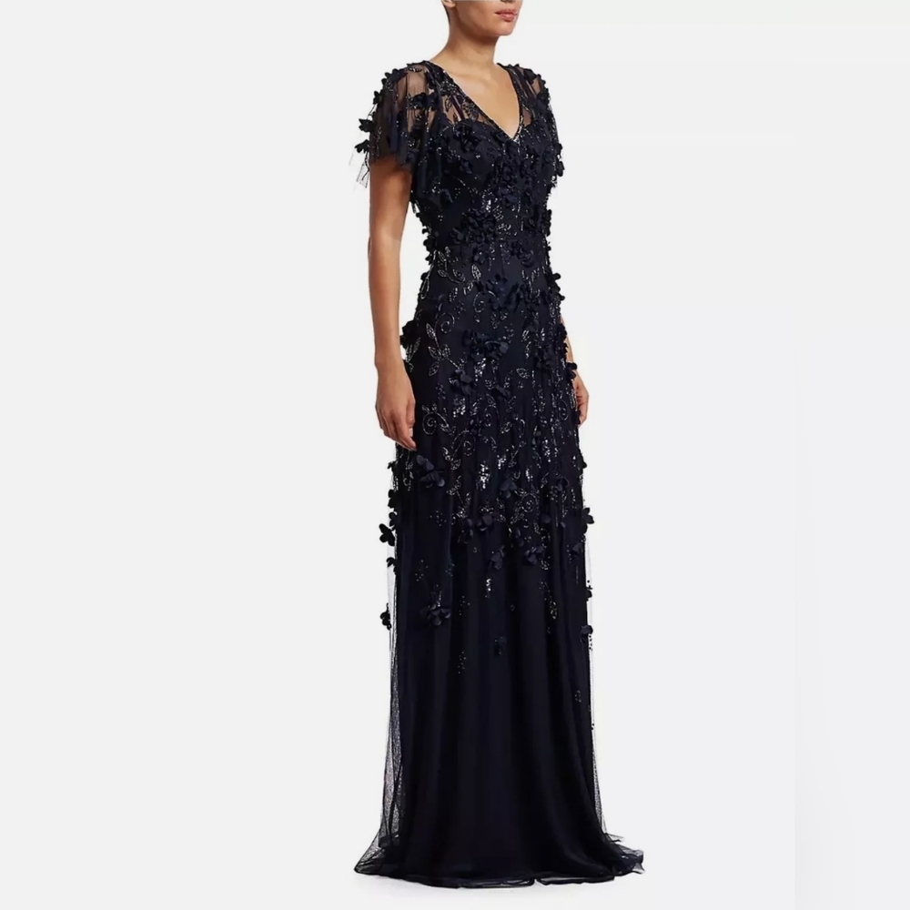 Theia‎ Flutter Sleeve Floral Appliqué Gown